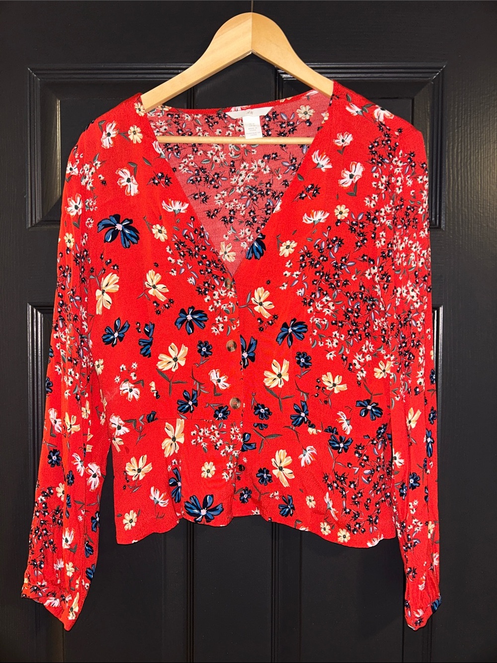 H&M Red Floral V-Neck Button Front Blouse